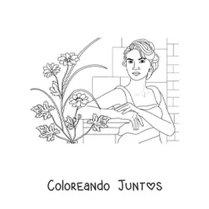 Imagen para colorear de una mujer realista junto a varias flores plantadas