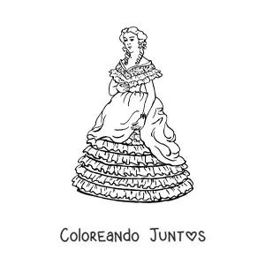 Imagen para colorear de una mujer usando un vestido largo estilo vintage