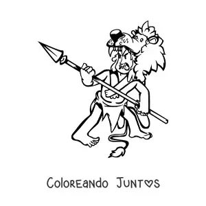 Imagen para colorear de un hombre vestido con taparrabo y la piel de un león usando una lanza furioso