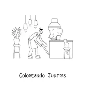 Imagen para colorear de un hombre limpiando un departamento