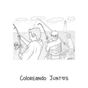 Imagen para colorear de varios hombres pescando a la orilla de un lago