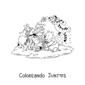 Imagen para colorear de Pooh junto a sus amigos decorando un árbol de Navidad