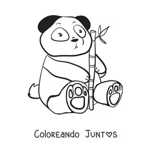 Imagen para colorear de un oso panda kawaii sentado sujetando una rama de bambú