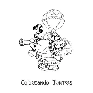 Imagen para colorear de Pooh Tiger y Piglet viajando en un globo aerostático con un telescopio y una brújula