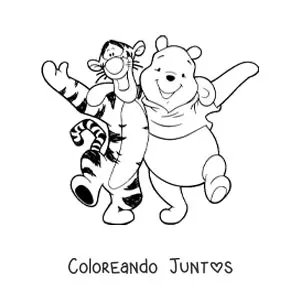 Imagen para colorear de Pooh y Tiger caminando abrazados felices