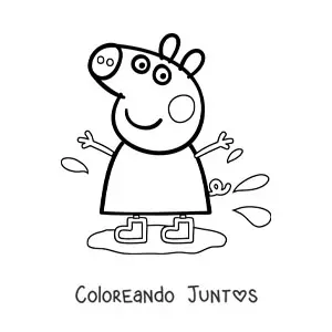 Imagen para colorear de Peppa usando botas pisando un charco de lodo