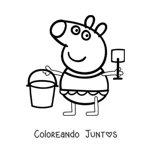 Imagen para colorear de Peppa vestida con bañador sujetando un tobo y una pala para la arena