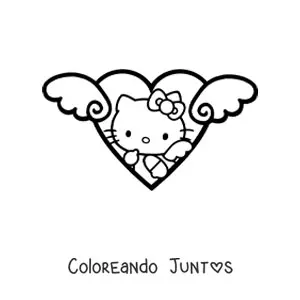 Imagen para colorear de Hello Kitty vestida de ángel dentro de un corazón con alas