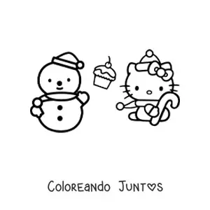 Imagen para colorear de Hello Kitty vestida de Navidad junto a un muñeco de nieve