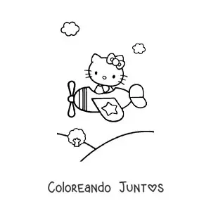 Imagen para colorear de Hello Kitty piloteando un avión sobre un paisaje de montañas