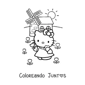 Imagen para colorear de Hello Kitty en un jardín junto a un molino