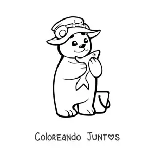 Imagen para colorear de un oso bebe kawaii animado con sombrero pescando