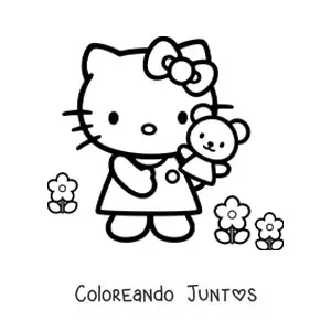 Imagen para colorear de Hello Kitty entre varias flores sosteniendo un osito en su mano