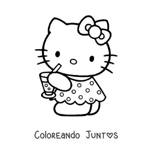 Imagen para colorear de Hello Kitty vestida de verano bebiendo una soda