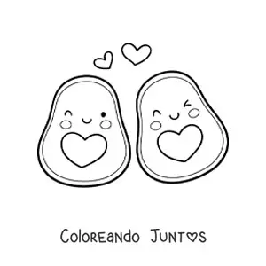 Imagen para colorear de una pareja de aguacates kawaii con corazones en el aire