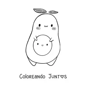 Imagen para colorear de un aguacate tierno animado sujetando su semilla animada sonriente
