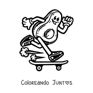 Imagen para colorear de un aguacate animado usando una patineta a toda velocidad