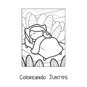 Imagen para colorear de una niña durmiendo tranquila en una cama con un paisaje de fondo