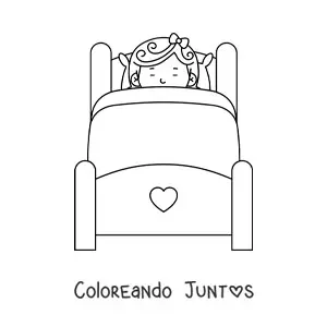 Imagen para colorear de una cama de madera con una niña durmiendo arropada