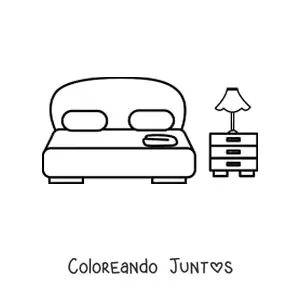Imagen para colorear de una cama matrimonial con dos almohadas junto a una mesita
