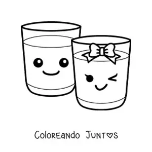 Imagen para colorear un vaso kawaii lleno decorado con un lazo junto a otro vaso kawaii lleno