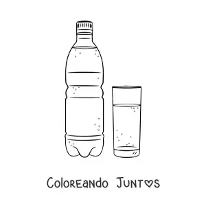 Imagen para colorear de una botella junto a un vaso de vidrio lleno con agua