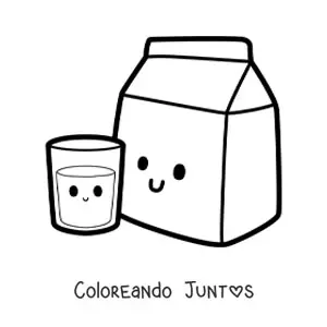 Imagen para colorear de un vaso kawaii junto a un cartón de leche kawaii