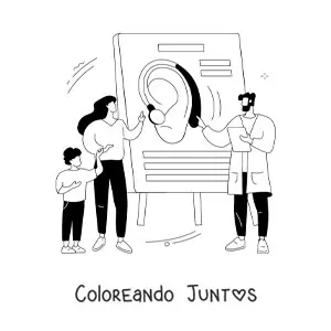 Imagen para colorear de un doctor explicando a sus pacientes cómo funciona la audición