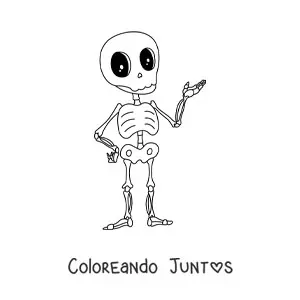 Imagen para colorear de un esqueleto humano kawaii animado con ojos brillantes