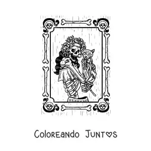 Imagen para colorear del retrato de una mujer esqueleto vestida del día de los muertos con un gato esqueleto