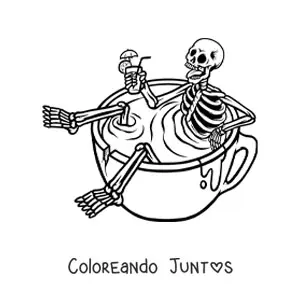 Imagen para colorear de un esqueleto humano animado tomando una bebida refrescante sentado dentro de una taza llena