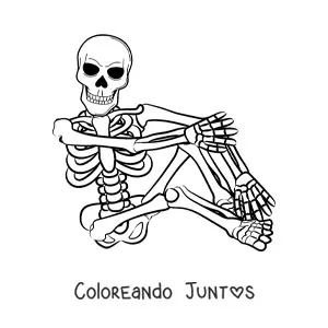 Imagen para colorear de un esqueleto humano posando sentado en el piso con una pierna recogida