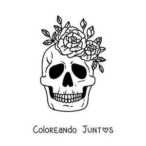 Imagen para colorear de una calavera decorada con flores en la parte superior