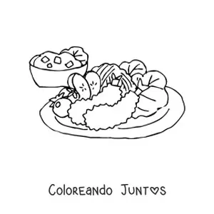 Imagen para colorear de un platillo con camarones fritos y ensalada