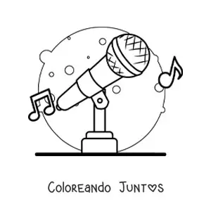 Imagen para colorear de un micrófono inalámbrico en soporte con notas musicales de fondo