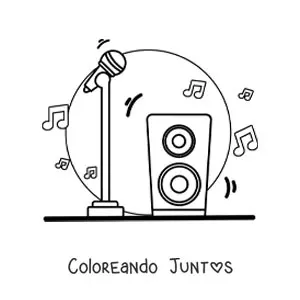 Imagen para colorear de un micrófono de pie con bocina o altoparlante, con notas musicales de fondo