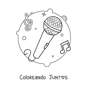 Imagen para colorear de un micrófono con notas musicales de fondo
