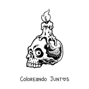 Imagen para colorear de vela de Halloween sobre calavera aterradora