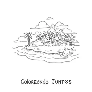 Imagen para colorear de una isla realista grande con palmeras y montañas