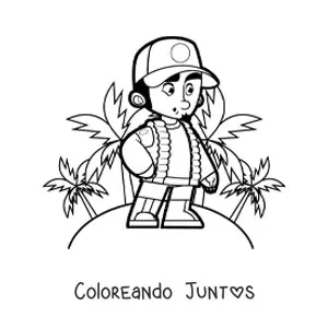 Imagen para colorear de un explorador en una isla tropical con palmeras