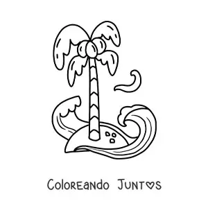 Imagen para colorear de una isla con un cocotero y olas en el mar