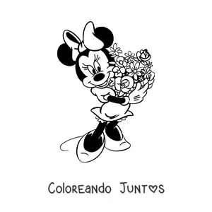 Imagen para colorear de Minnie con un ramo de flores