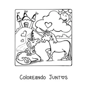 Imagen para colorear de una princesa unicornio con un príncipe unicornio y un castillo de fondo