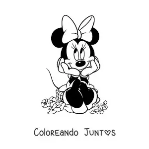 Imagen para colorear de Minnie sentada sobre flores con ojos mirando hacia arriba a la izquierda
