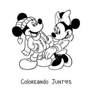 Imagen para colorear de Minnie y Mickey vestidos de invierno en Navidad