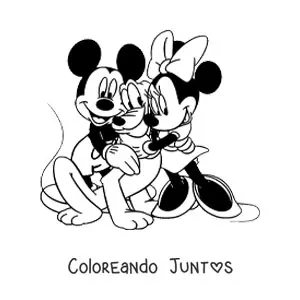 Imagen para colorear de Minnie y Mickey abrazando a Pluto
