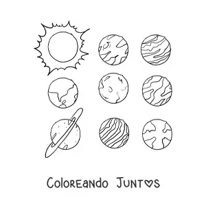 Imagen para colorear de los planetas del Sistema Solar actual en filas