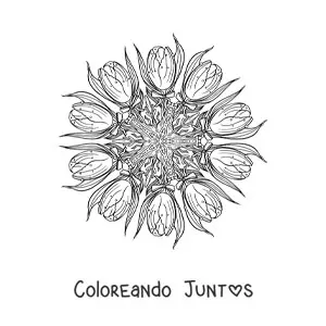 Imagen para colorear de un mandala de tulipanes