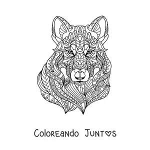 Imagen para colorear de un mandala con forma de cabeza de lobo
