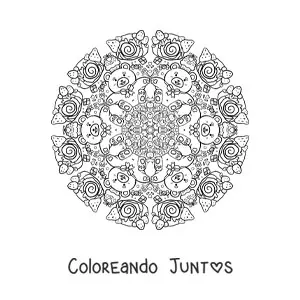 Imagen para colorear de mandala de osos y postres para niños